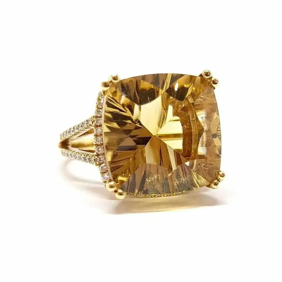 Bague cocktail citrine diamants or jaune