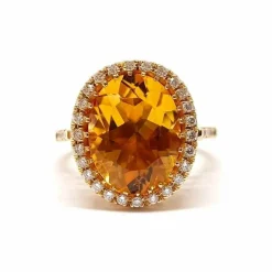 Bague cocktail citrine ovale diamants or jaune