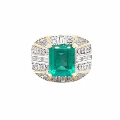 Bague cocktail en or avec diamant émeraude colombienne certifiée rétro