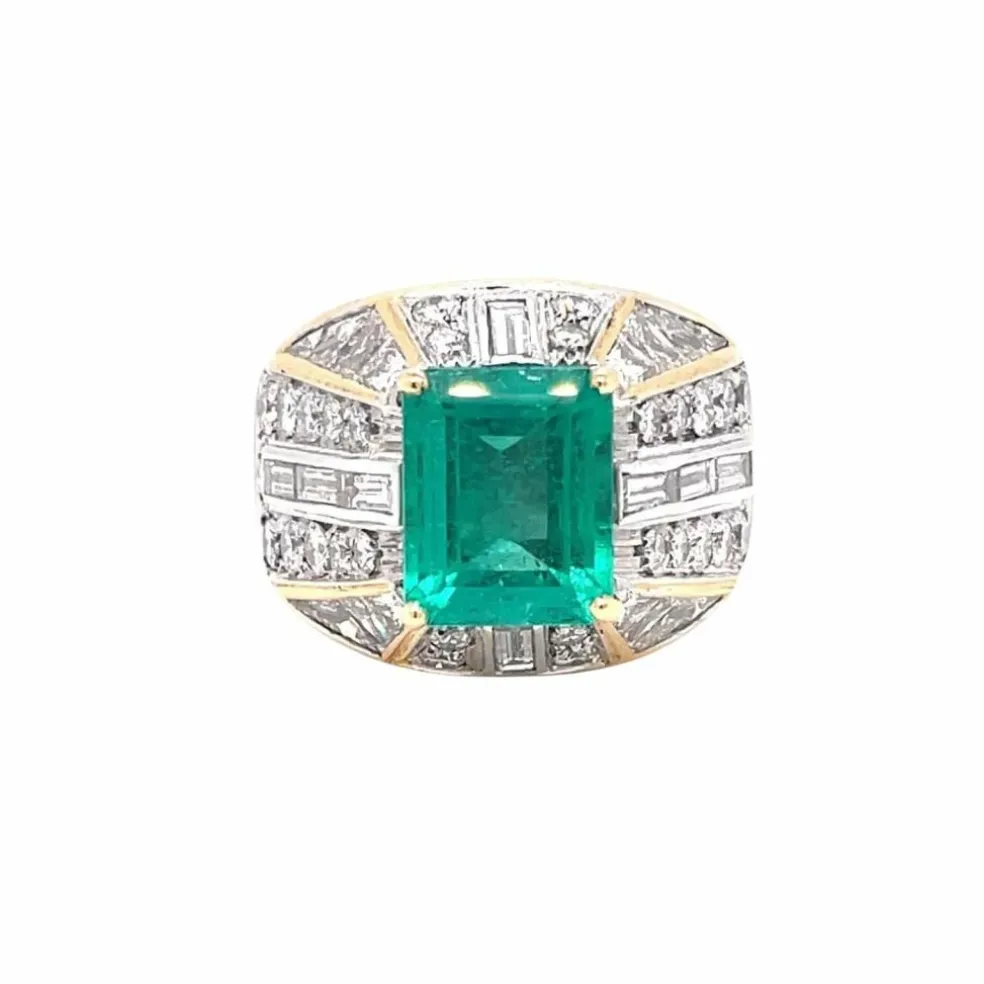 Bague cocktail en or avec diamant émeraude colombienne certifiée rétro