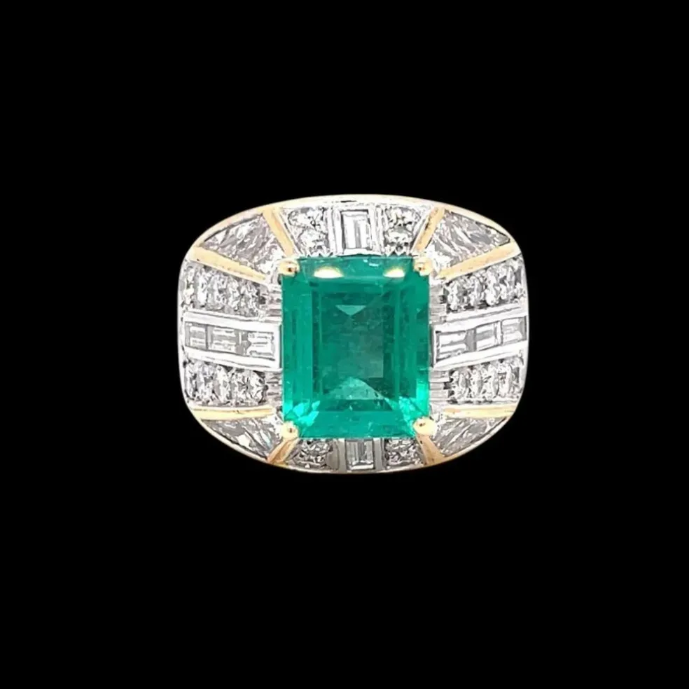 Bague cocktail en or avec diamant émeraude colombienne certifiée rétro