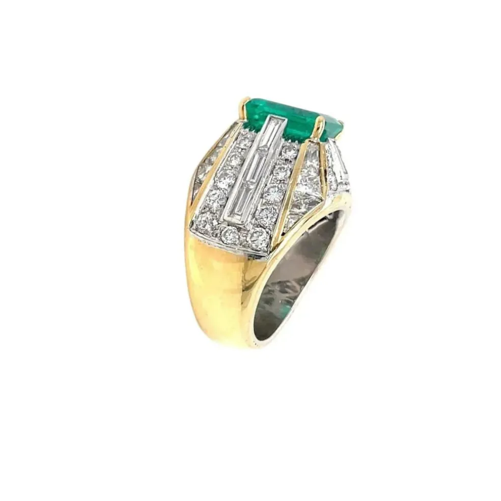 Bague cocktail en or avec diamant émeraude colombienne certifiée rétro
