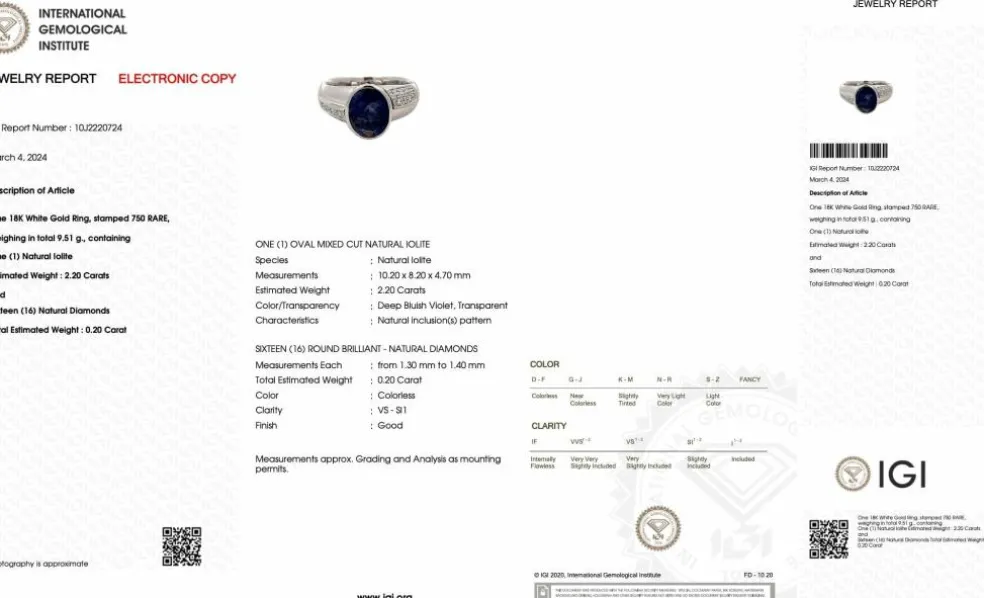 Bague cocktail en or blanc avec iolite et diamants certificat IGI