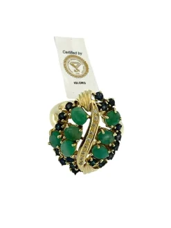 Bague cocktail en or jaune, diamants, saphirs et émeraude certificat IGI