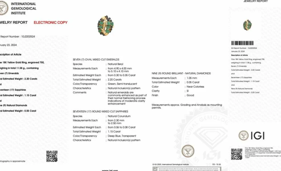 Bague cocktail en or jaune, diamants, saphirs et émeraude certificat IGI