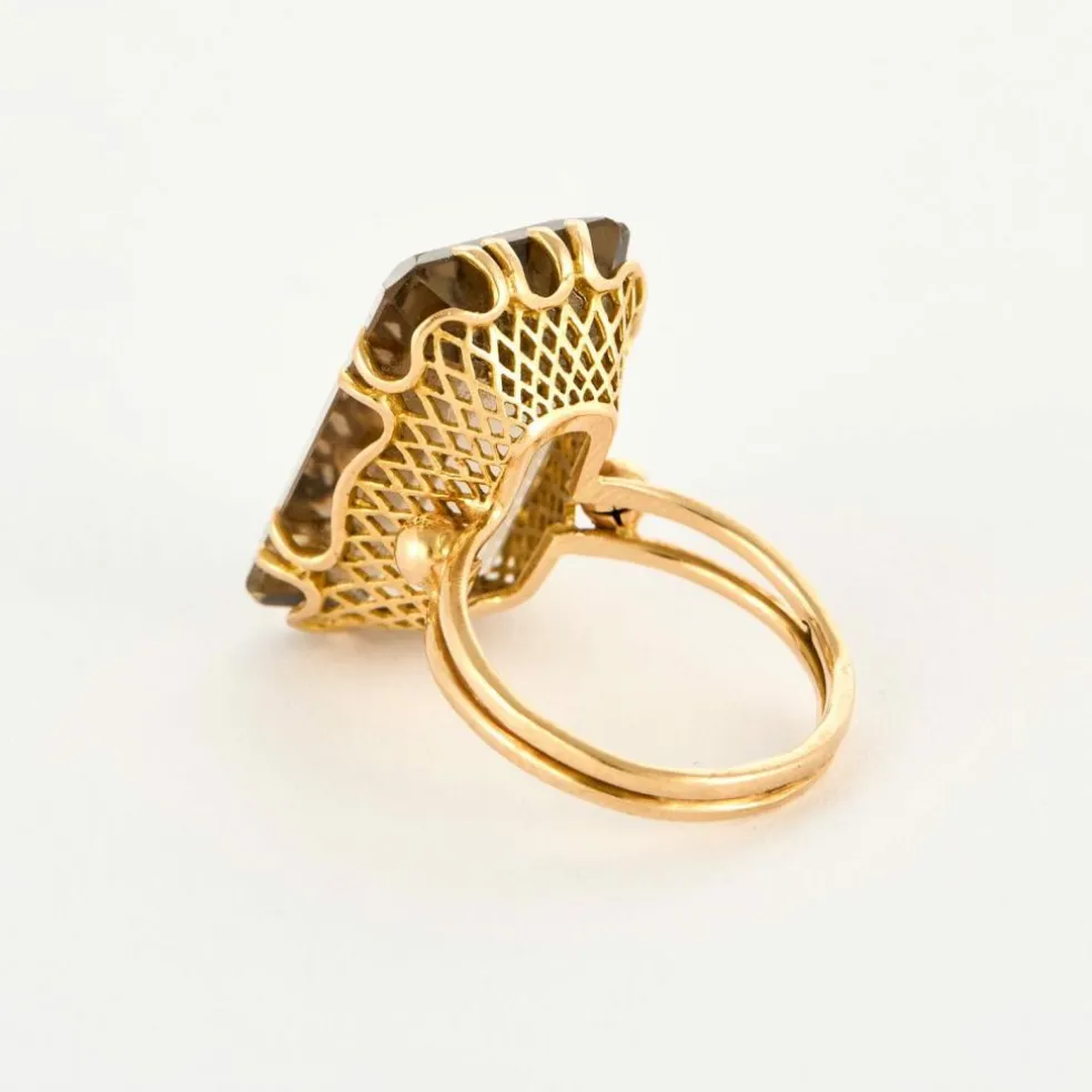 Bague cocktail en or jaune et quartz fumé