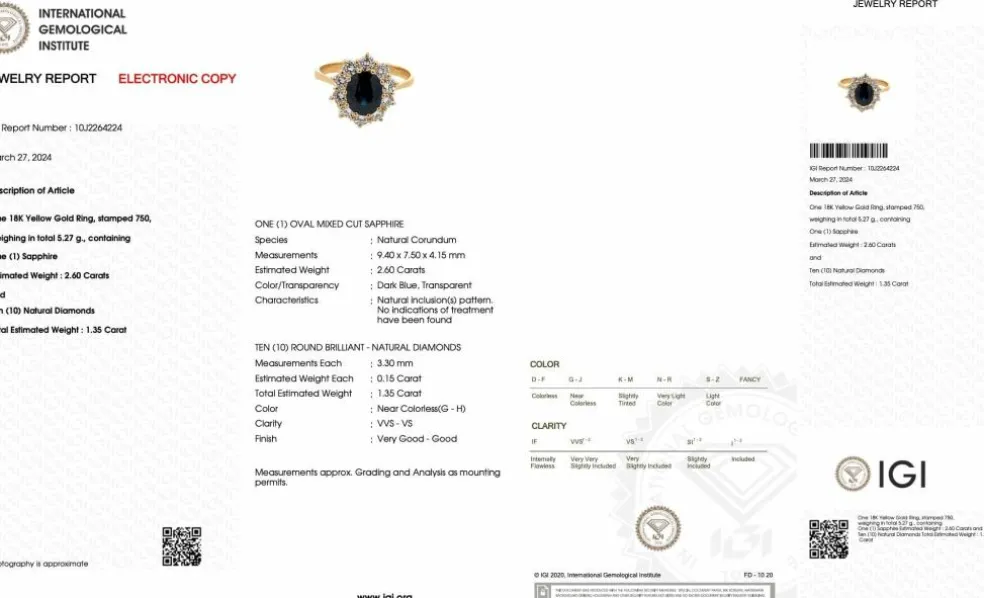 Bague cocktail en or jaune saphir 2.60ct et diamants certificat IGI