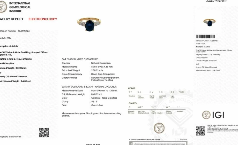 Bague cocktail en or jaune et blanc, diamants et saphir 2.5ct certificat IGI