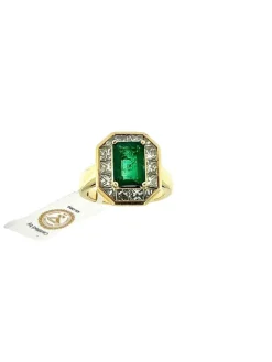 Bague cocktail française rétro or jaune diamants et émeraude certificat IGI