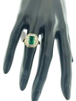 Bague cocktail française rétro or jaune diamants et émeraude certificat IGI