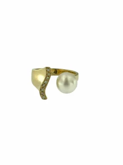 Bague cocktail italienne en or jaune avec diamants et perles