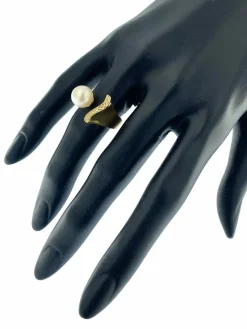 Bague cocktail italienne en or jaune avec diamants et perles