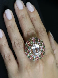 Bague cocktail Kunzite et Saphirs de couleur