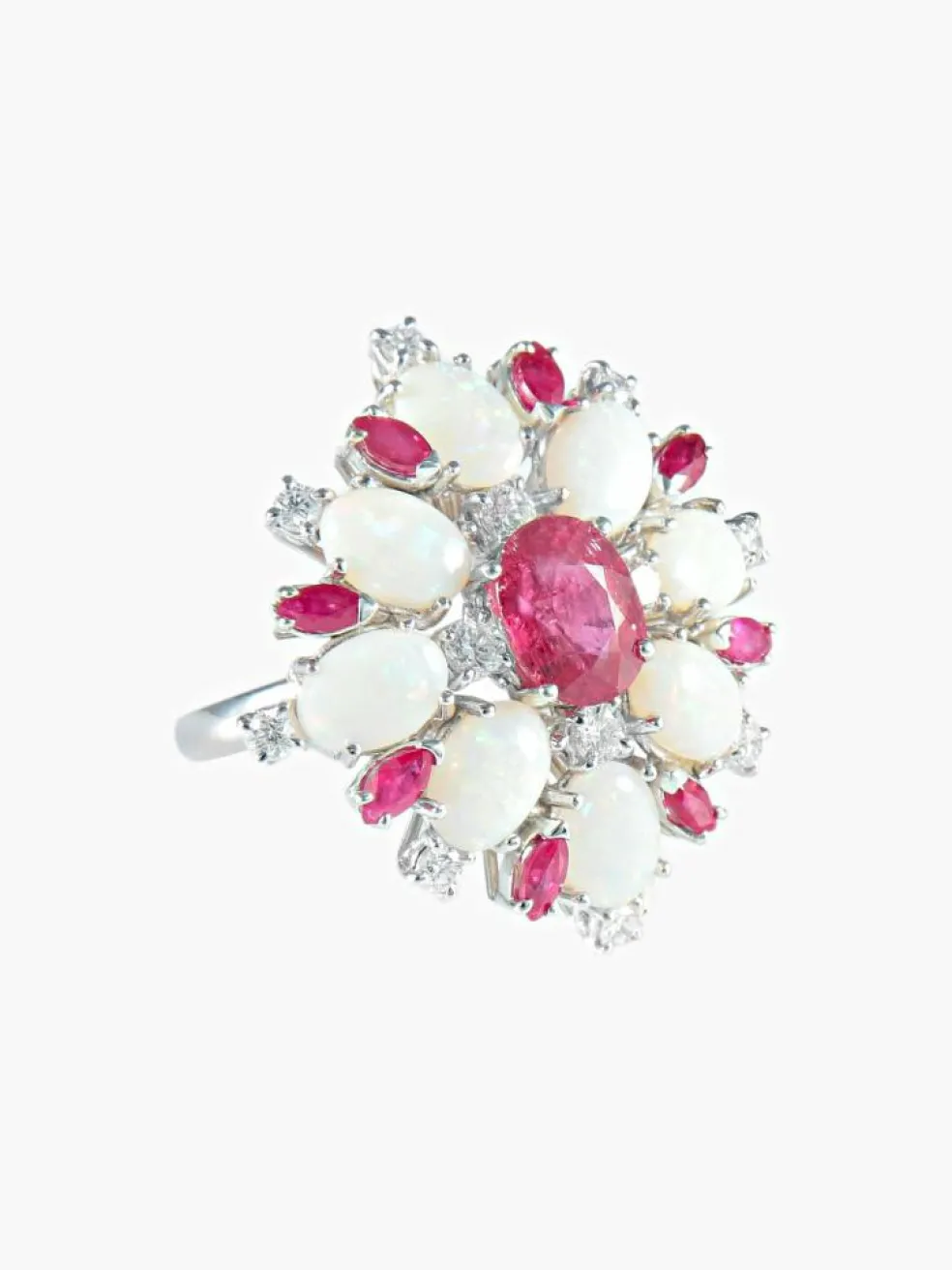 Bague Cocktail Opales Rubis Diamants