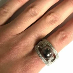 Bague cocktail Or blanc Perle Diamants
