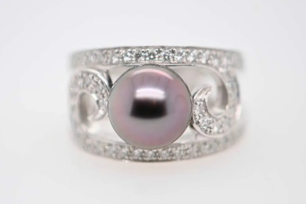 Bague cocktail Or blanc Perle Diamants
