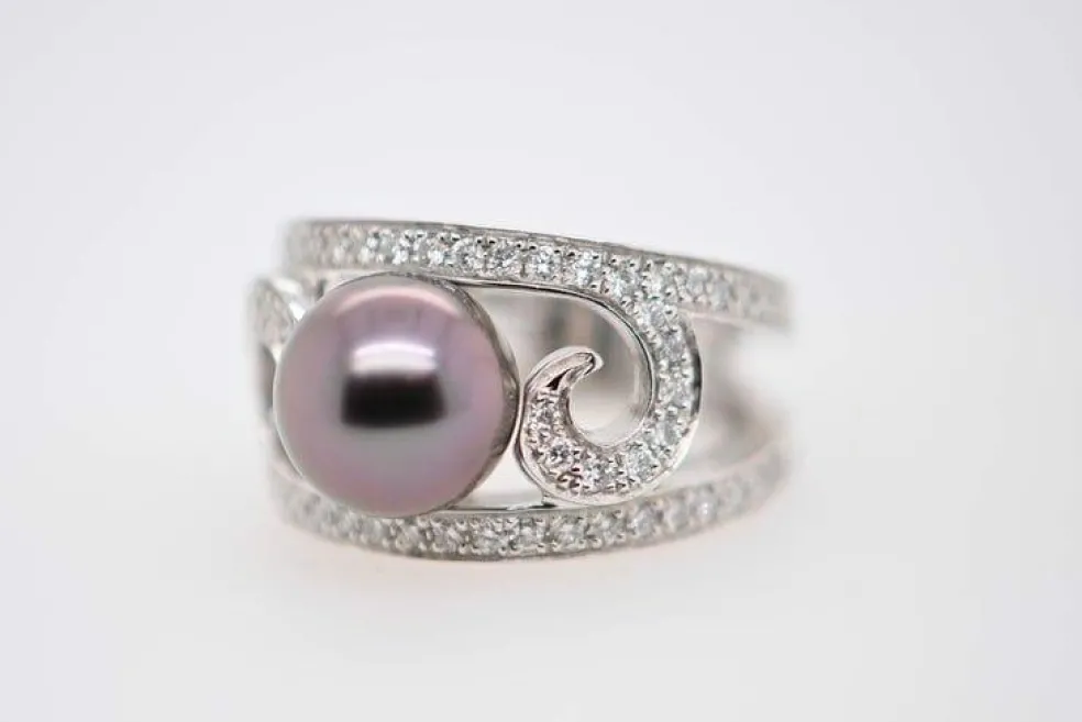 Bague cocktail Or blanc Perle Diamants