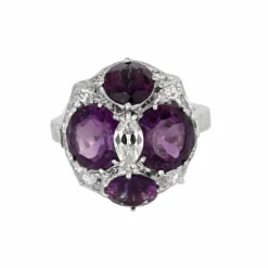 Bague cocktail or gris, diamants et améthystes