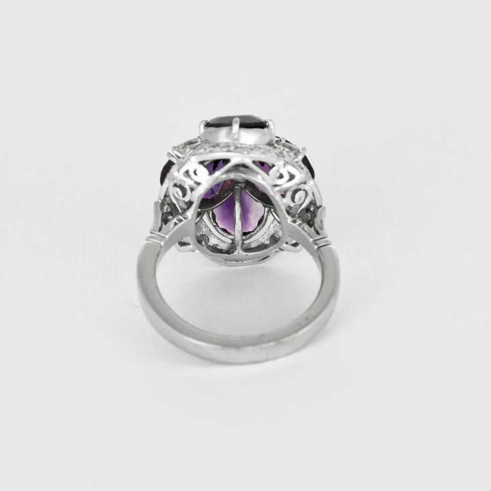 Bague cocktail or gris, diamants et améthystes