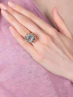 Bague Cocktail Or Jaune Aigue-marine & Diamants