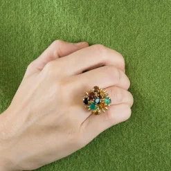 Bague Cocktail or jaune citrine spinelle oeil de tigre saphir