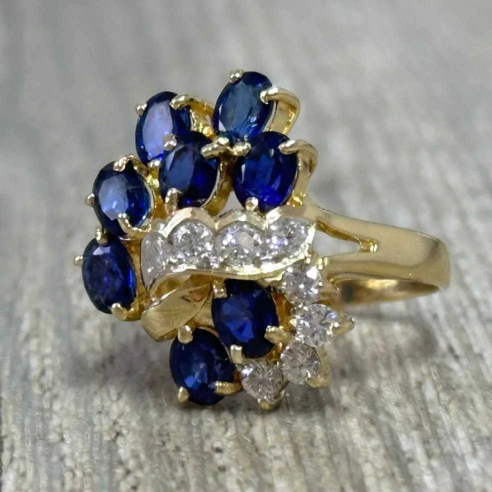 Bague cocktail or jaune saphirs diamants