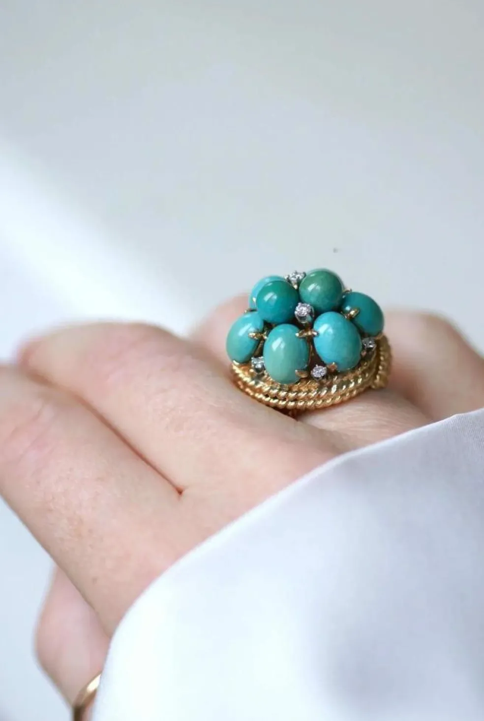 Bague Cocktail or jaune turquoises diamants