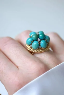 Bague Cocktail or jaune turquoises diamants