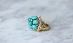 Bague Cocktail or jaune turquoises diamants