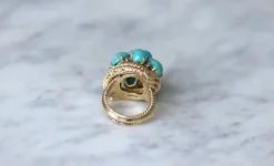 Bague Cocktail or jaune turquoises diamants