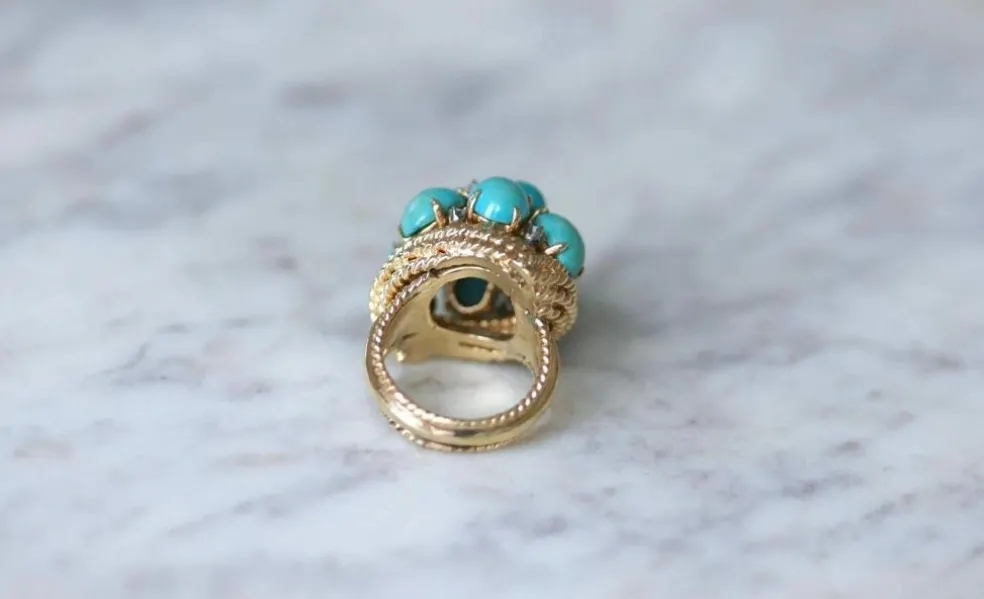 Bague Cocktail or jaune turquoises diamants