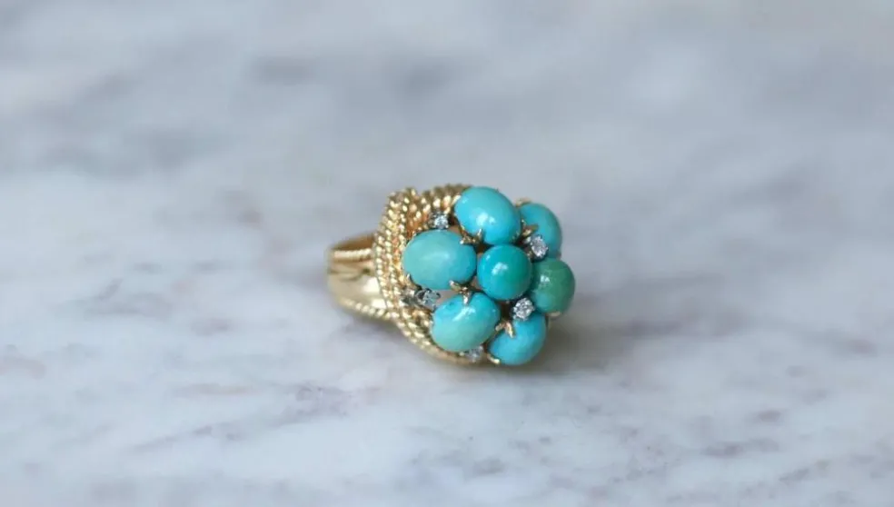 Bague Cocktail or jaune turquoises diamants