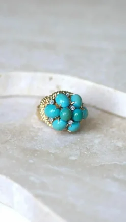 Bague Cocktail or jaune turquoises diamants