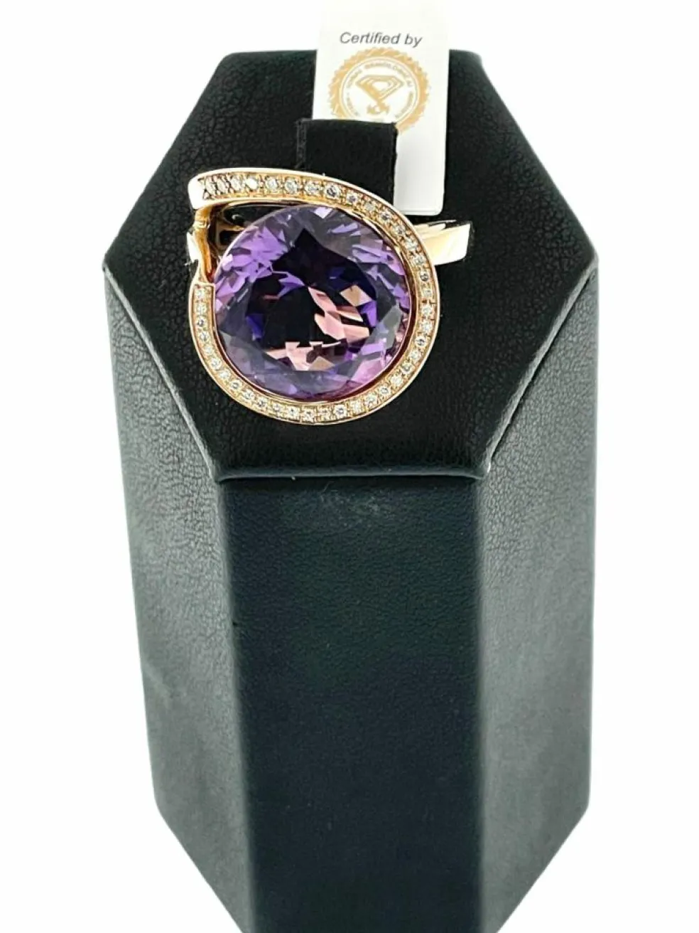 Bague cocktail or rose améthyste 13cts et diamants certificat IGI