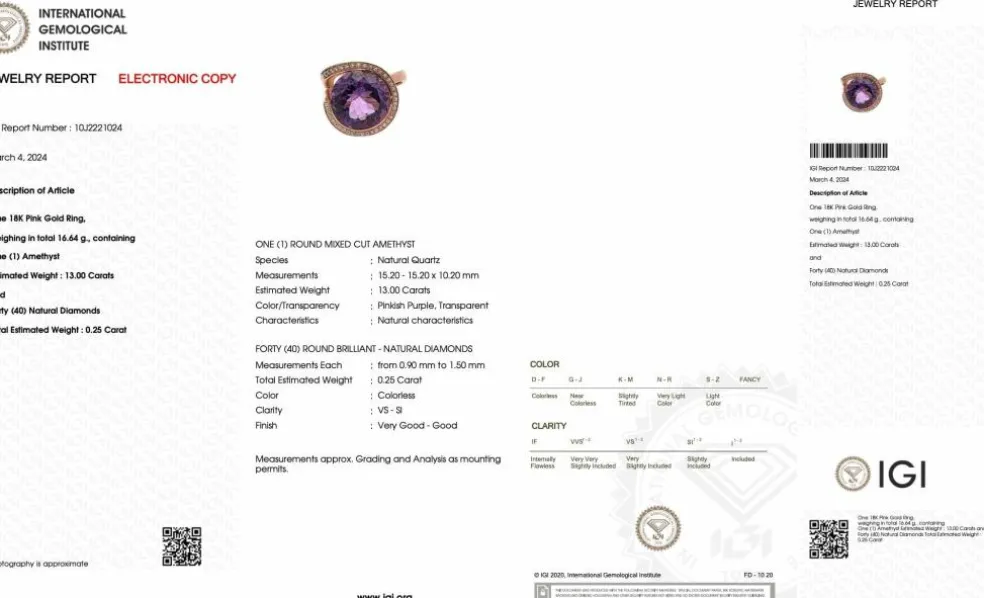 Bague cocktail or rose améthyste 13cts et diamants certificat IGI
