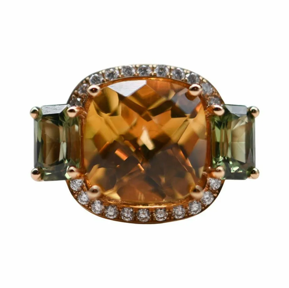 Bague Cocktail Or Rose Citrine Diamants Saphirs