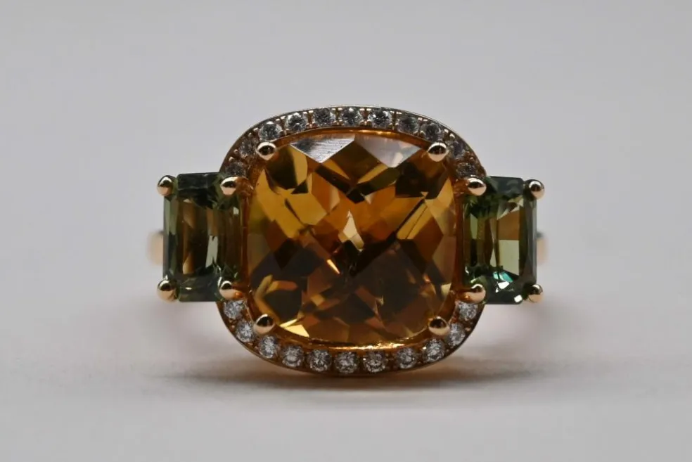 Bague Cocktail Or Rose Citrine Diamants Saphirs