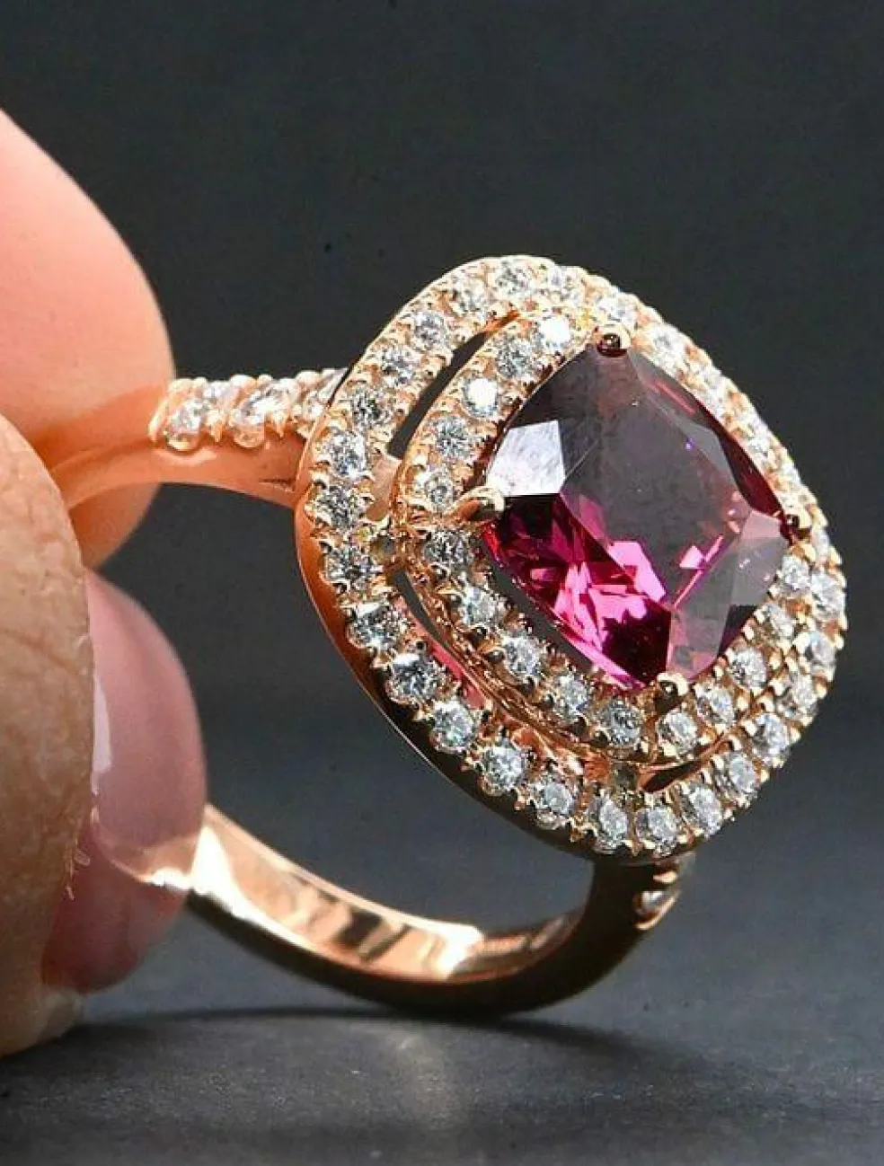 Bague Cocktail Or Rose Rhodolite Diamants