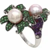 Bague Cocktail Perle Émeraude Améthyste Diamants Rubis