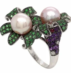 Bague Cocktail Perle Émeraude Améthyste Diamants Rubis