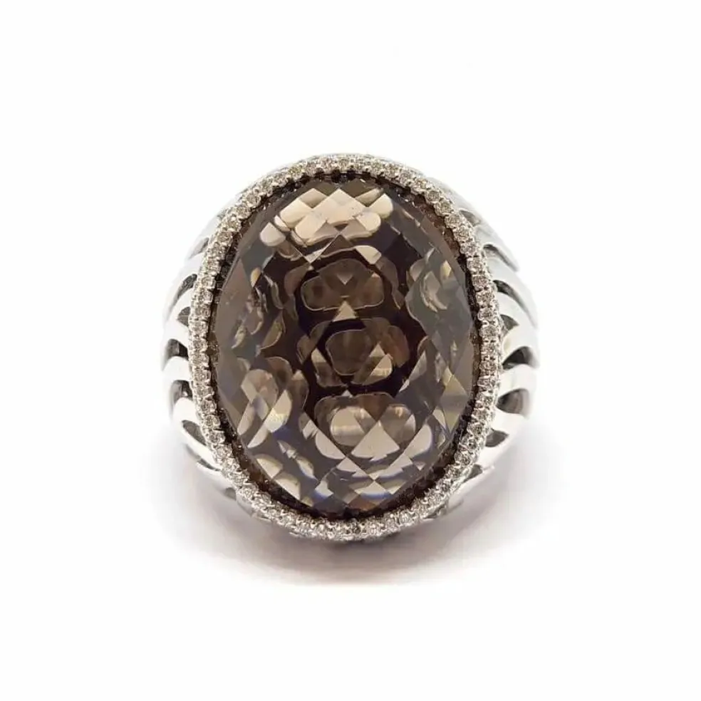 Bague cocktail quartz fumé diamants or blanc