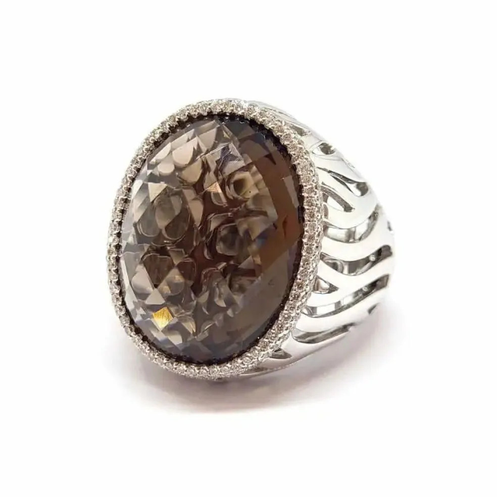 Bague cocktail quartz fumé diamants or blanc