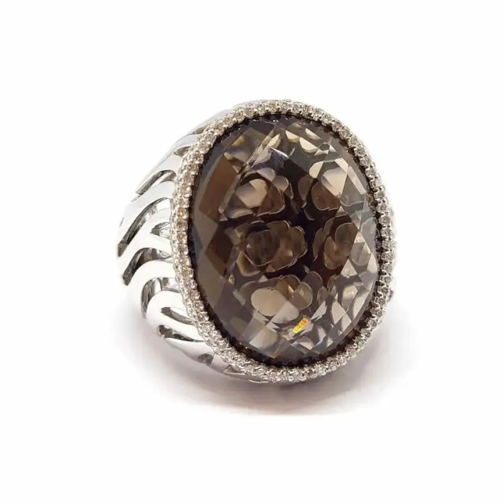 Bague cocktail quartz fumé diamants or blanc