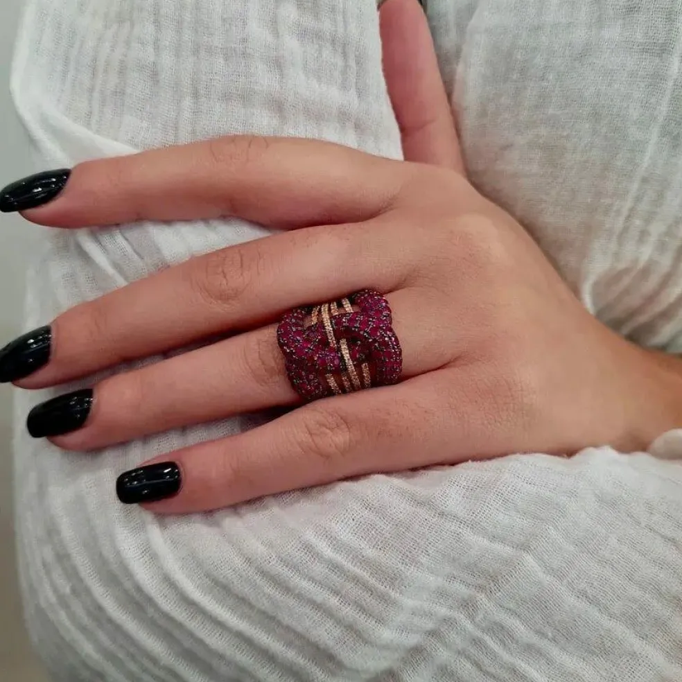 Bague cocktail rubis diamants or rose