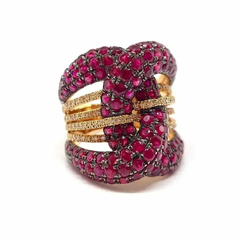 Bague cocktail rubis diamants or rose