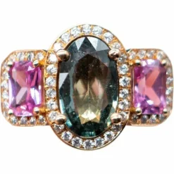 Bague Cocktail Saphir Vert Diamants Saphirs Roses