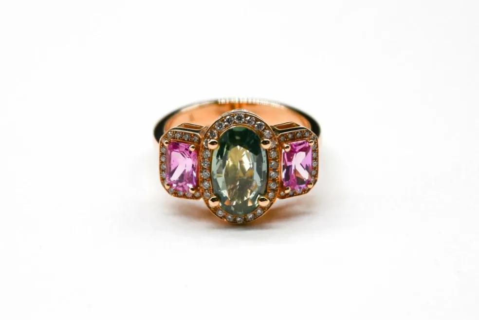 Bague Cocktail Saphir Vert Diamants Saphirs Roses