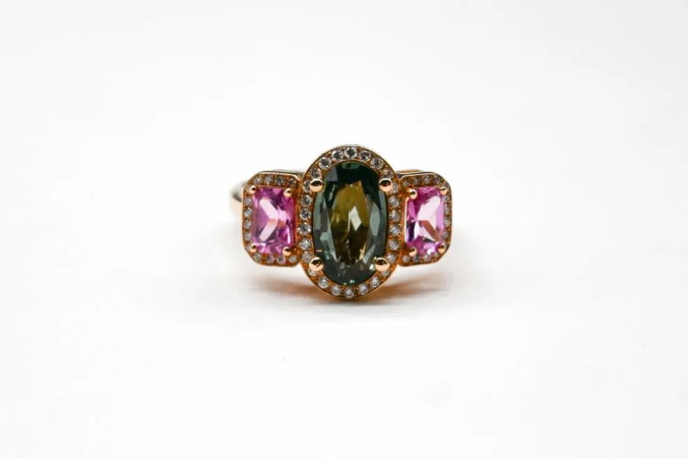 Bague Cocktail Saphir Vert Diamants Saphirs Roses
