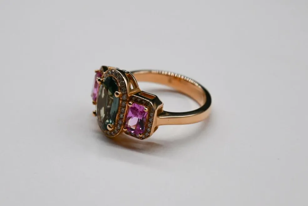 Bague Cocktail Saphir Vert Diamants Saphirs Roses