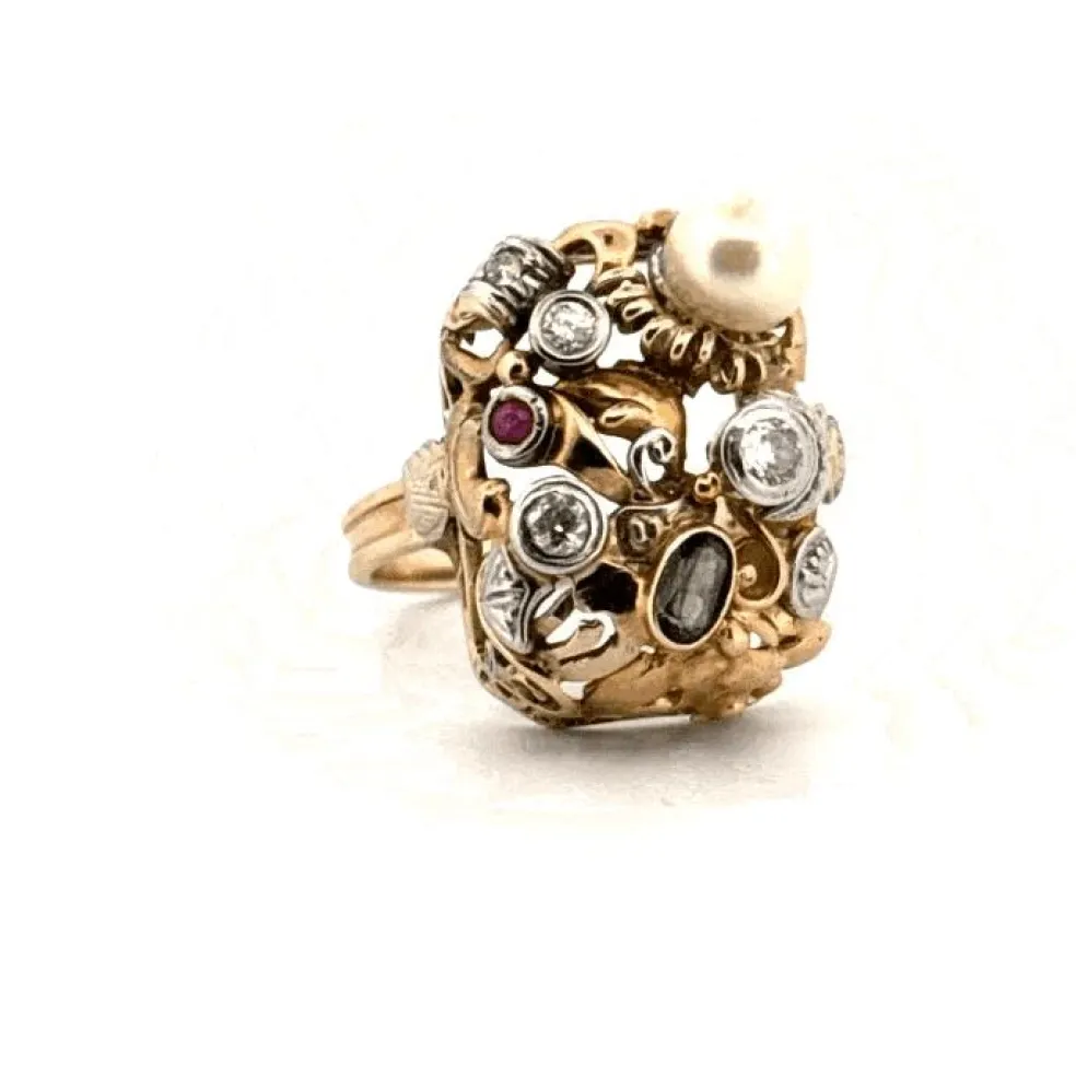 Bague Cocktail Vintage Or Jaune Tutti Frutti